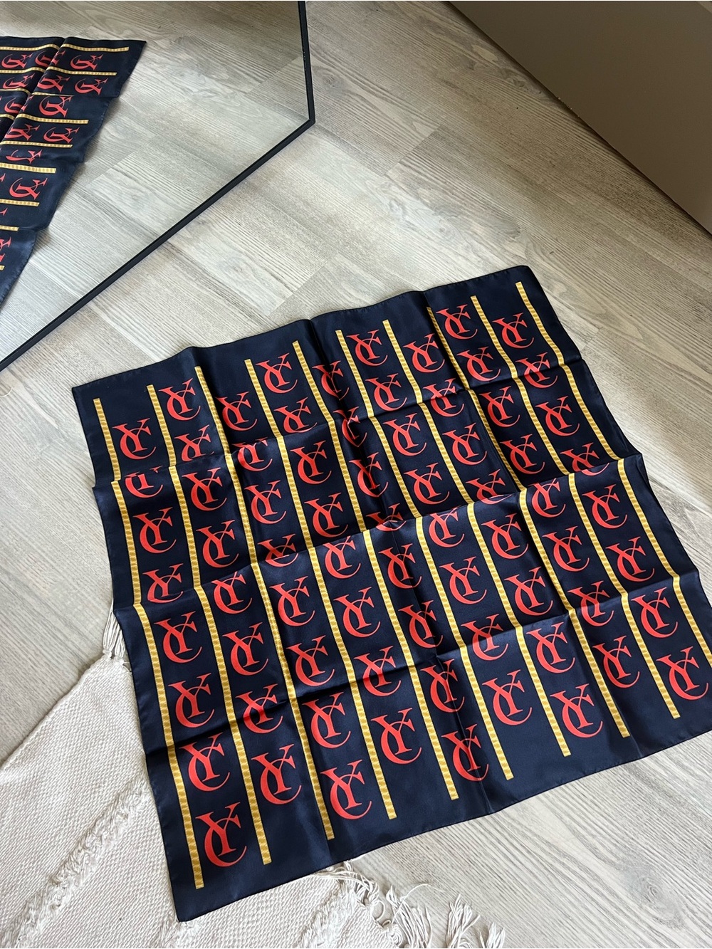 Designer-Inspired Navy Red Logo Print Silk Scarf